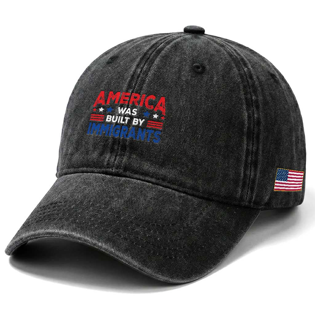 Funny America Was Built By Immigrants Washed Cotton Baseball Cap Stars Stripes