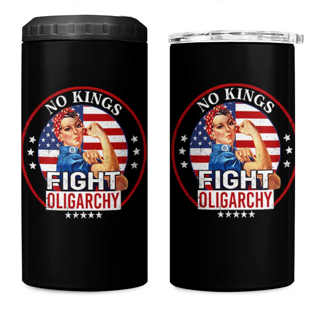 No Kings Fight Oligarchy 4 in 1 Can Cooler Tumbler Woman's Girl Vintage America Flag - Wonder Print Shop