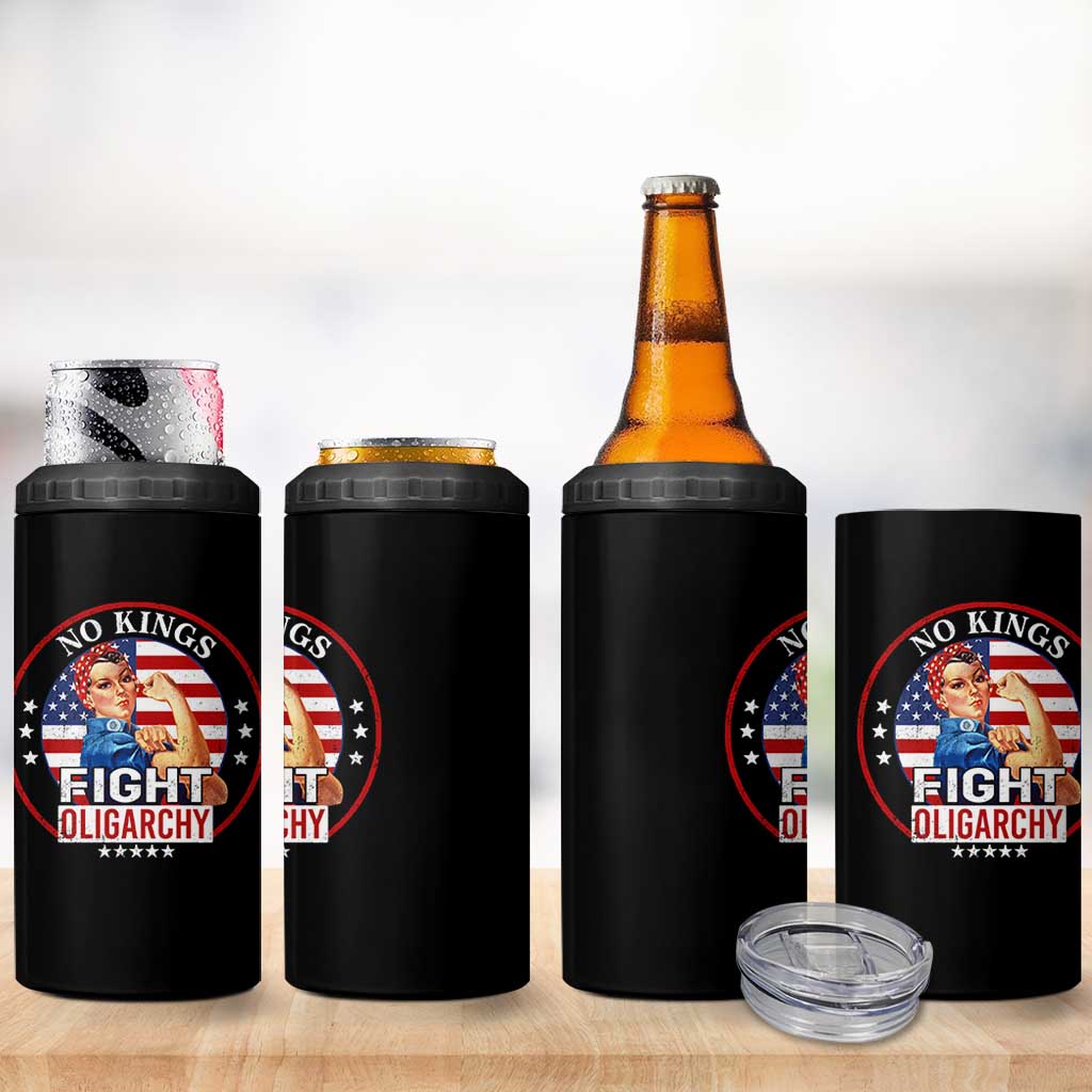 No Kings Fight Oligarchy 4 in 1 Can Cooler Tumbler Woman's Girl Vintage America Flag - Wonder Print Shop