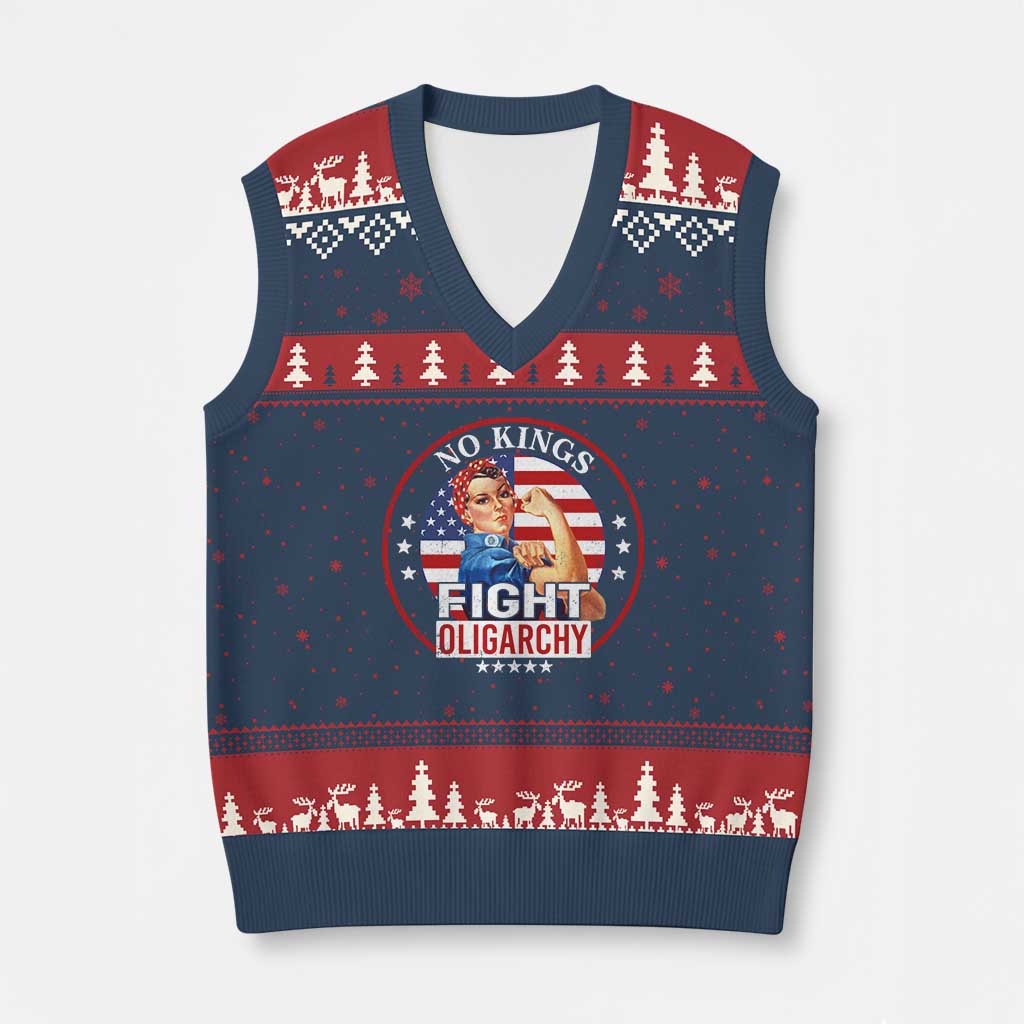 No Kings Fight Oligarchy V-Neck Knit Sweater Vest Woman's Girl Vintage America Flag - Wonder Print Shop