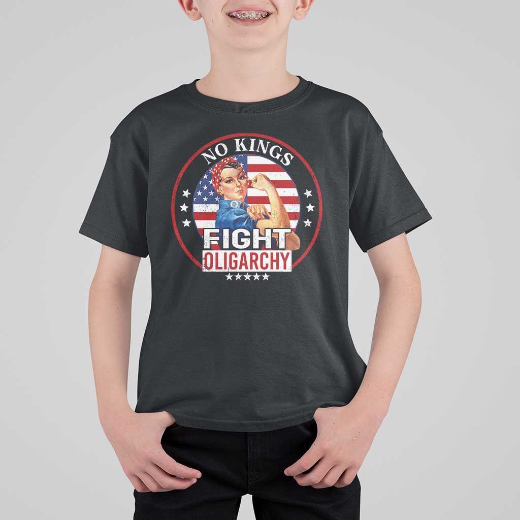 No Kings Fight Oligarchy T Shirt For Kid Woman's Girl Vintage America Flag - Wonder Print Shop