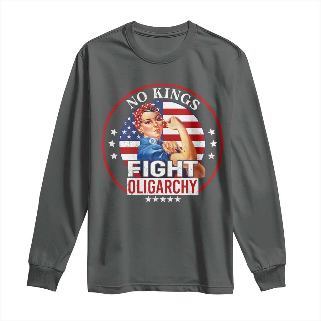 No Kings Fight Oligarchy Long Sleeve Shirt Woman's Girl Vintage America Flag - Wonder Print Shop