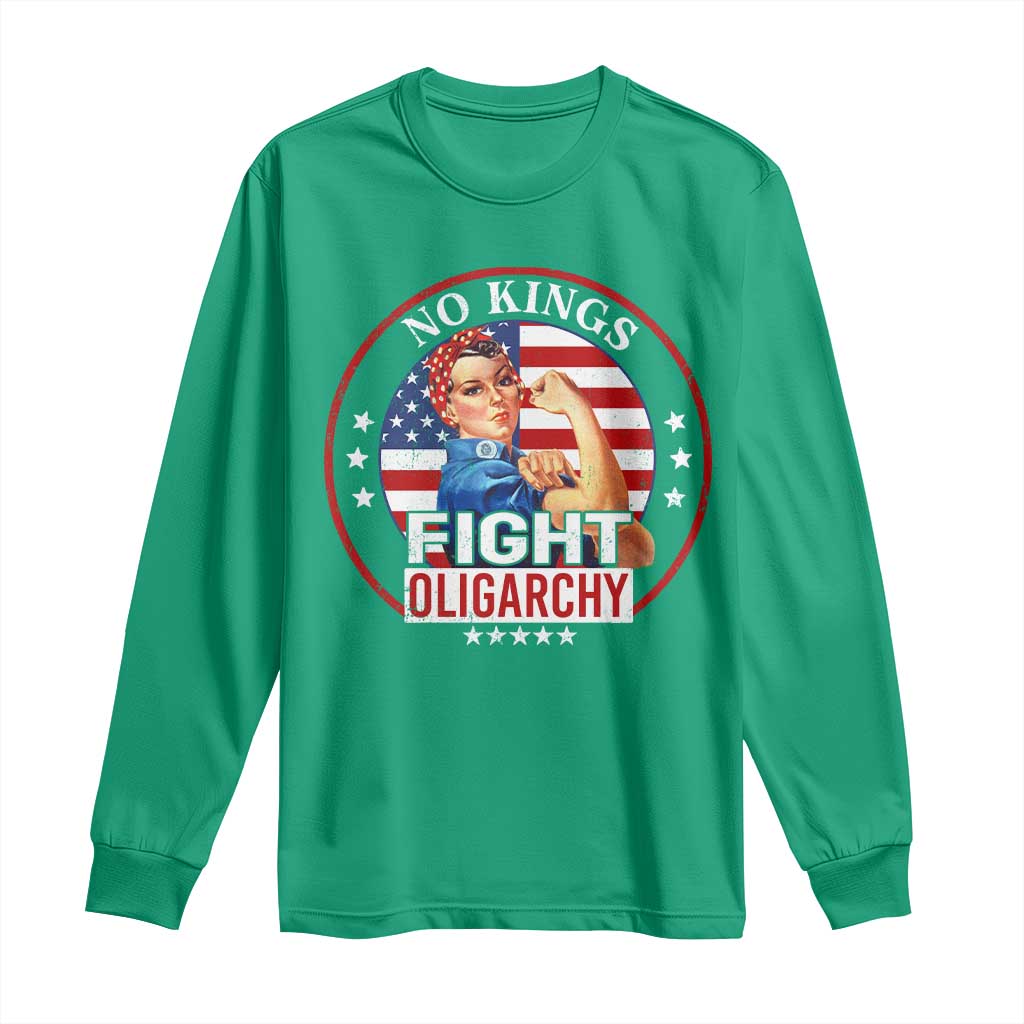 No Kings Fight Oligarchy Long Sleeve Shirt Woman's Girl Vintage America Flag - Wonder Print Shop