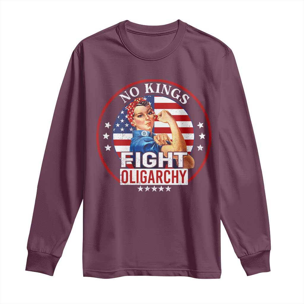 No Kings Fight Oligarchy Long Sleeve Shirt Woman's Girl Vintage America Flag - Wonder Print Shop