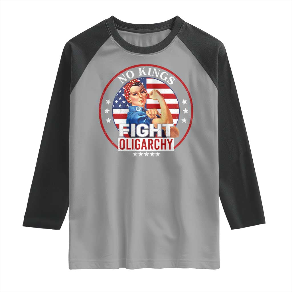 No Kings Fight Oligarchy Raglan Shirt Woman's Girl Vintage America Flag - Wonder Print Shop