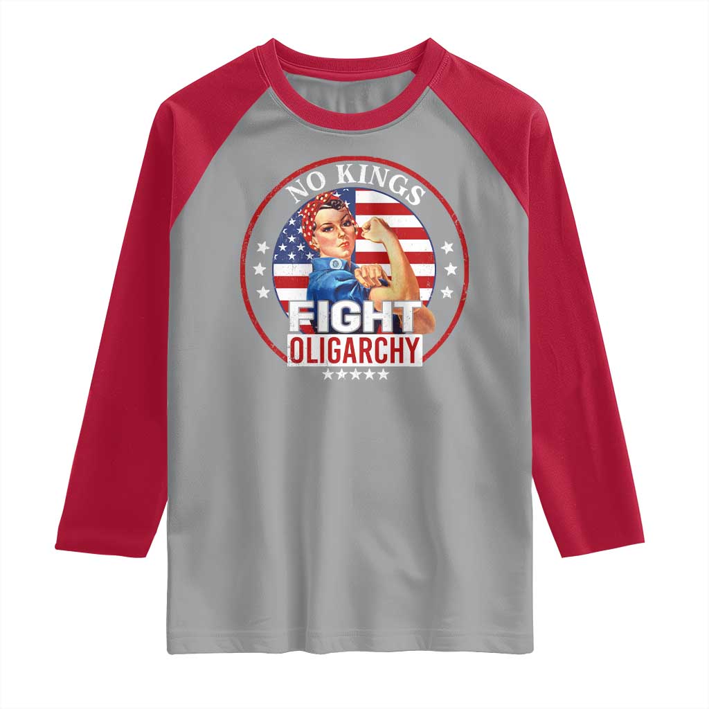 No Kings Fight Oligarchy Raglan Shirt Woman's Girl Vintage America Flag - Wonder Print Shop