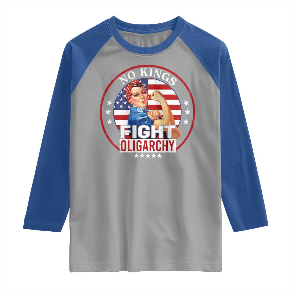 No Kings Fight Oligarchy Raglan Shirt Woman's Girl Vintage America Flag - Wonder Print Shop