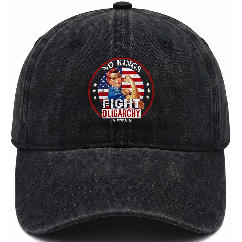 No Kings Fight Oligarchy Washed Cotton Baseball Cap Woman's Girl Vintage America Flag