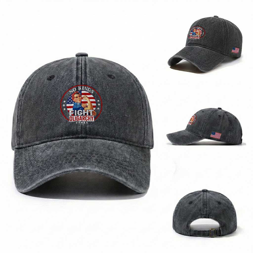 No Kings Fight Oligarchy Washed Cotton Baseball Cap Woman's Girl Vintage America Flag