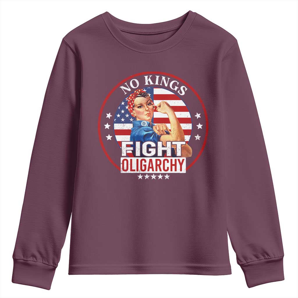 No Kings Fight Oligarchy Youth Sweatshirt Woman's Girl Vintage America Flag - Wonder Print Shop