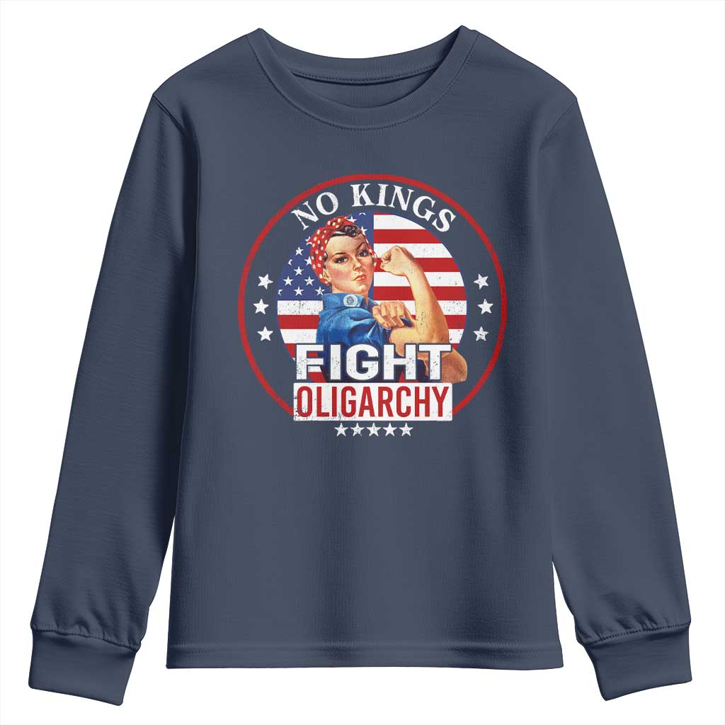 No Kings Fight Oligarchy Youth Sweatshirt Woman's Girl Vintage America Flag - Wonder Print Shop