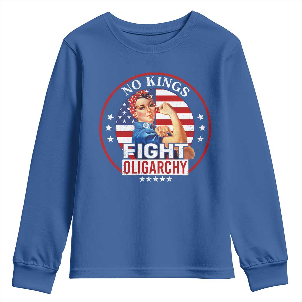 No Kings Fight Oligarchy Youth Sweatshirt Woman's Girl Vintage America Flag - Wonder Print Shop