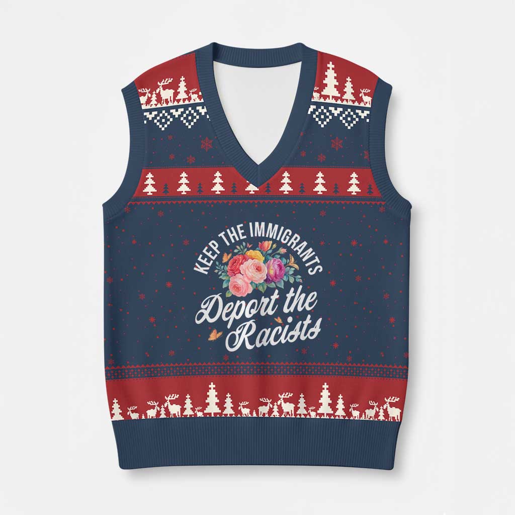 Funny Keep The Immigrants Deport The Racists V-Neck Knit Sweater Vest Floral Butterfly - Wonder Print Shop