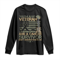 I Am A Veteran And A Cancer Survivor Don't Underestimate Me Long Sleeve Shirt Vintage Camo American Flag - Wonder Print Shop
