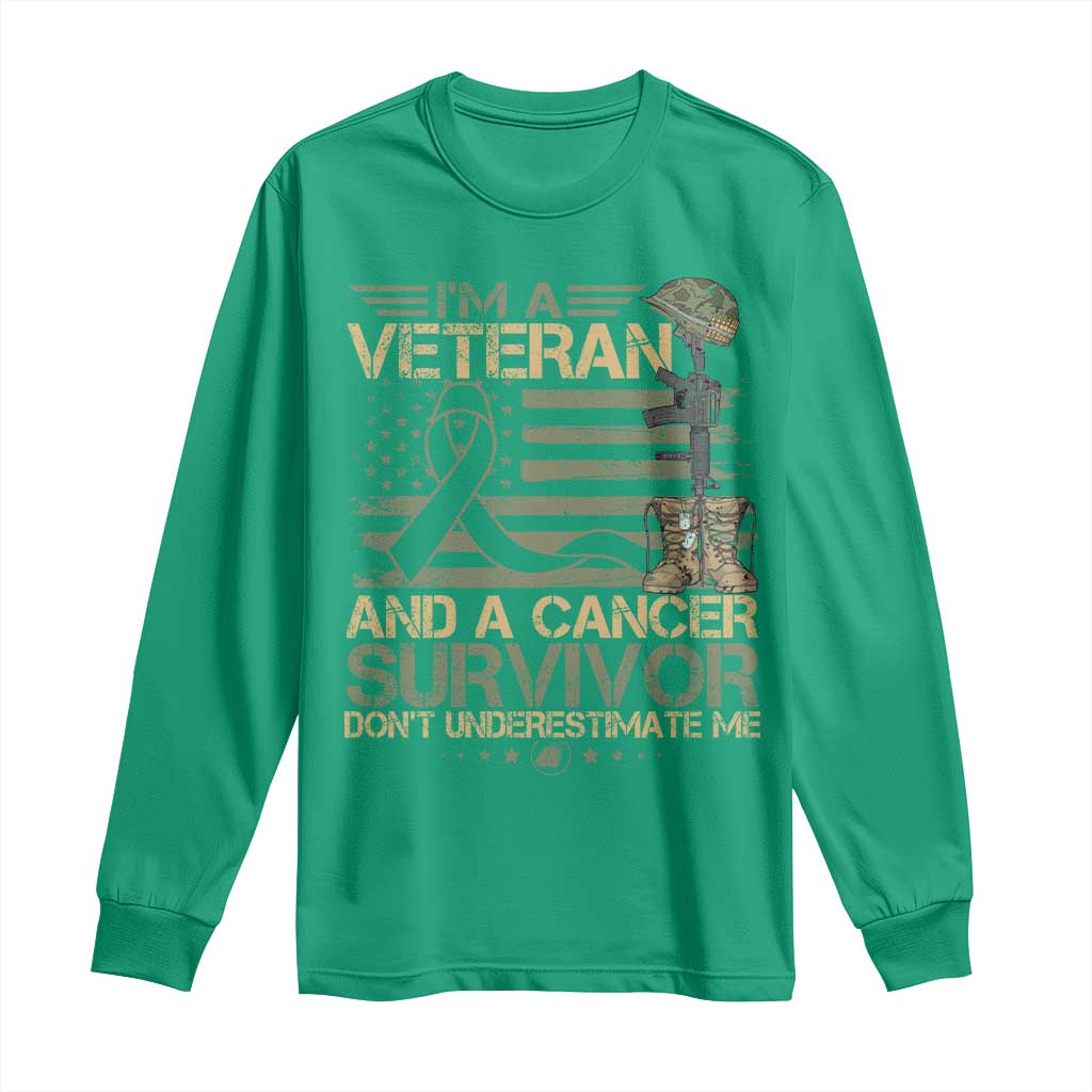 I Am A Veteran And A Cancer Survivor Don't Underestimate Me Long Sleeve Shirt Vintage Camo American Flag - Wonder Print Shop