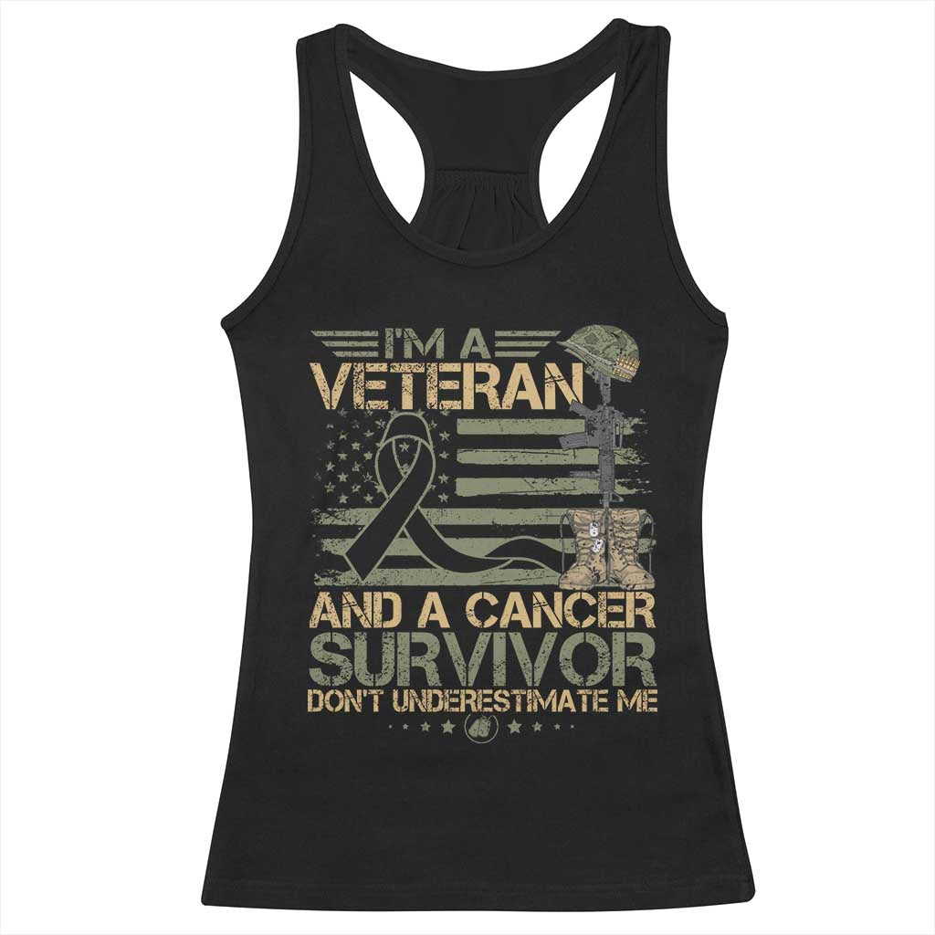 I Am A Veteran And A Cancer Survivor Don't Underestimate Me Racerback Tank Top Vintage Camo American Flag - Wonder Print Shop