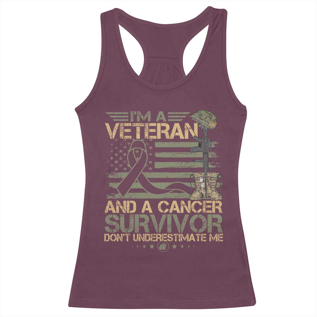 I Am A Veteran And A Cancer Survivor Don't Underestimate Me Racerback Tank Top Vintage Camo American Flag - Wonder Print Shop
