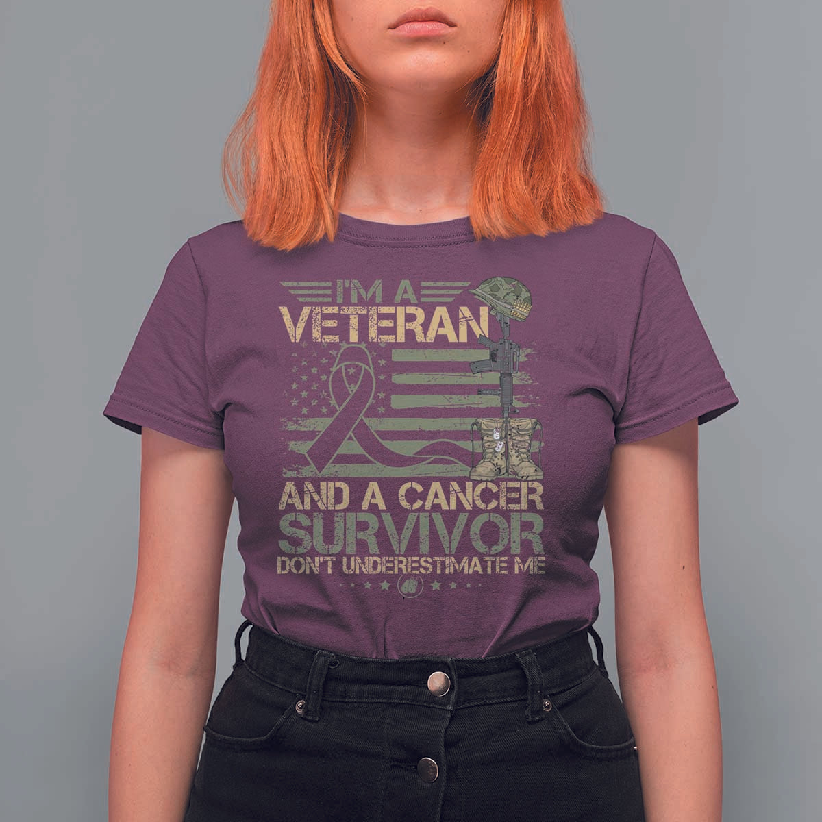 I Am A Veteran And A Cancer Survivor Don't Underestimate Me T Shirt For Women Vintage Camo American Flag - Wonder Print Shop