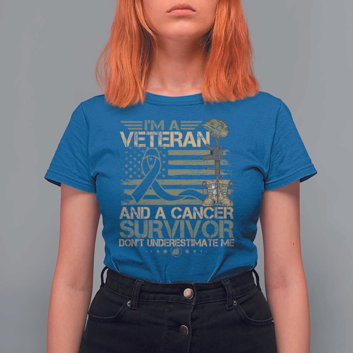 I Am A Veteran And A Cancer Survivor Don't Underestimate Me T Shirt For Women Vintage Camo American Flag - Wonder Print Shop
