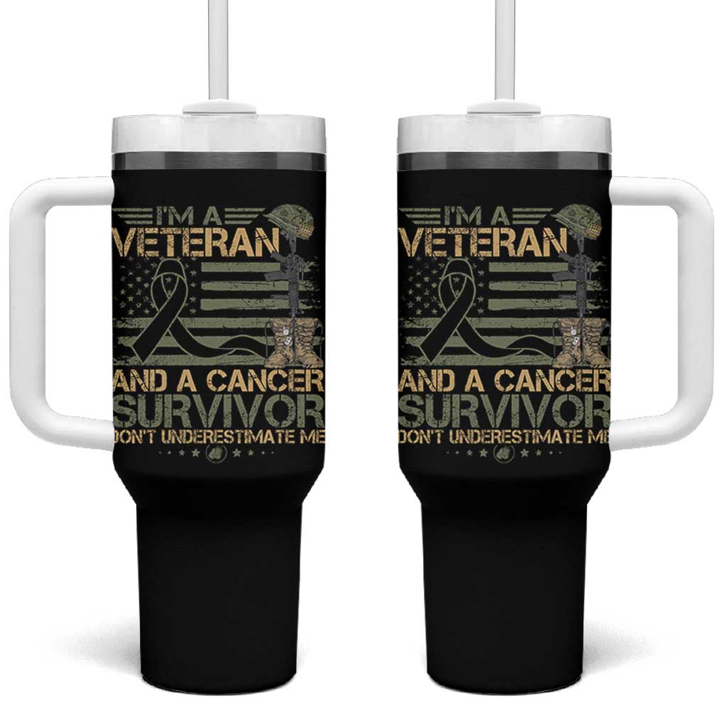I Am A Veteran And A Cancer Survivor Don't Underestimate Me Tumbler With Handle Vintage Camo American Flag - Wonder Print Shop