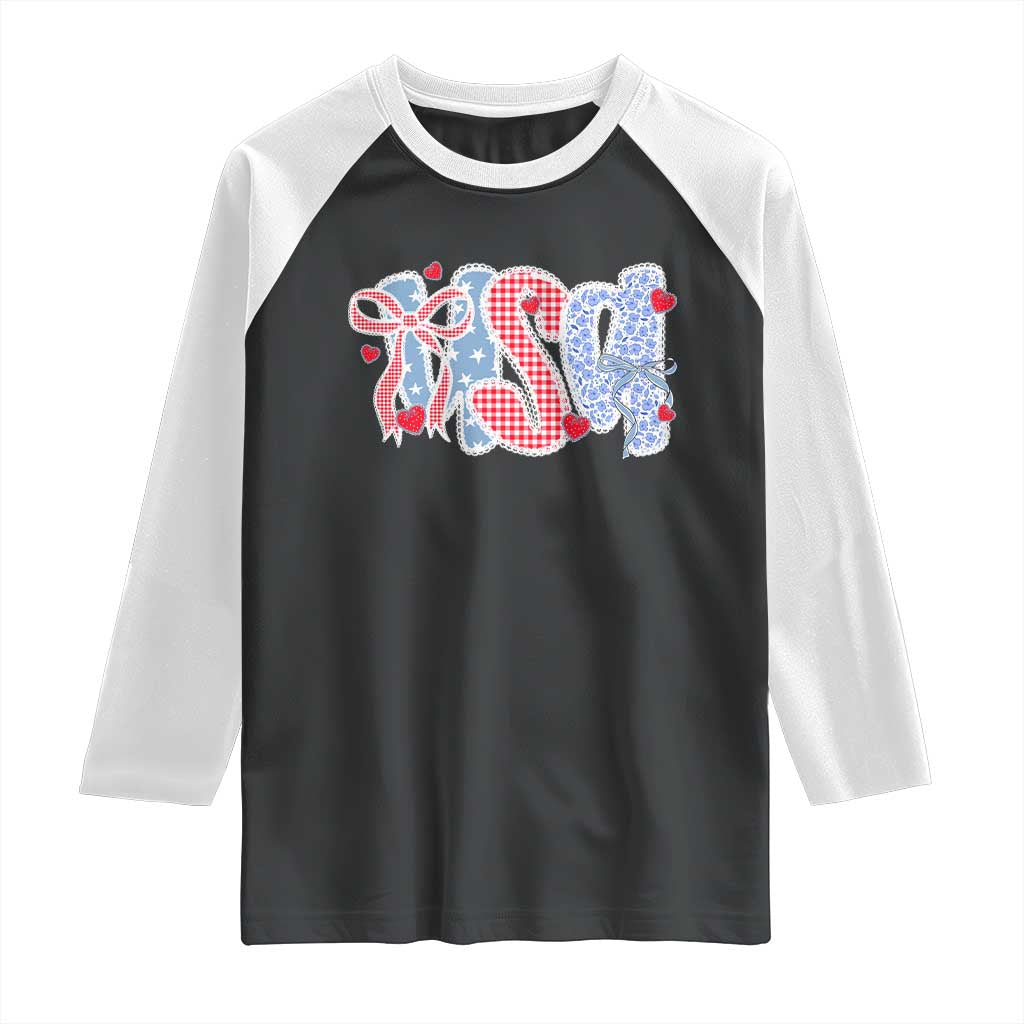 Funny USA Patriotic 4th of July Coquette Bow Raglan Shirt - Wonder Print Shop