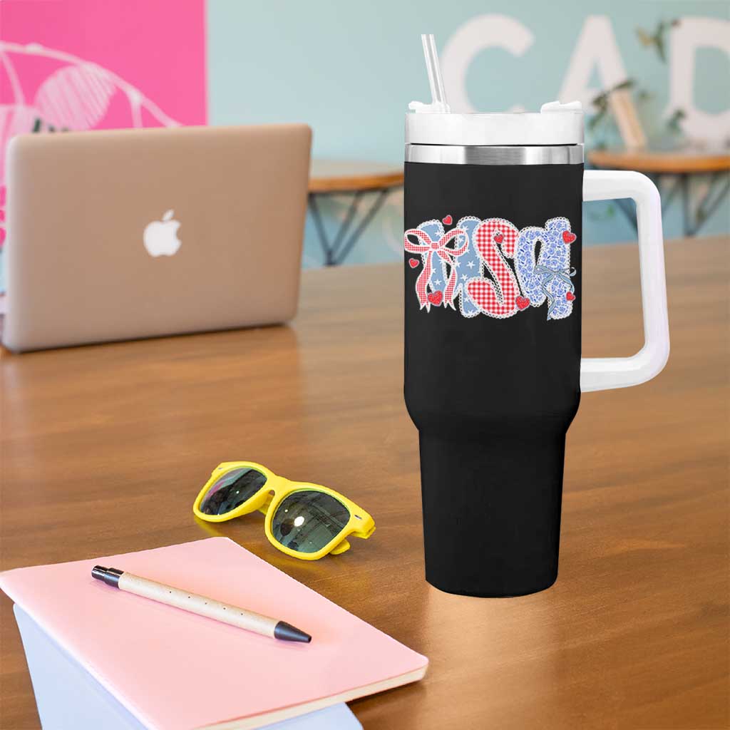 Funny USA Patriotic 4th of July Coquette Bow Tumbler With Handle - Wonder Print Shop
