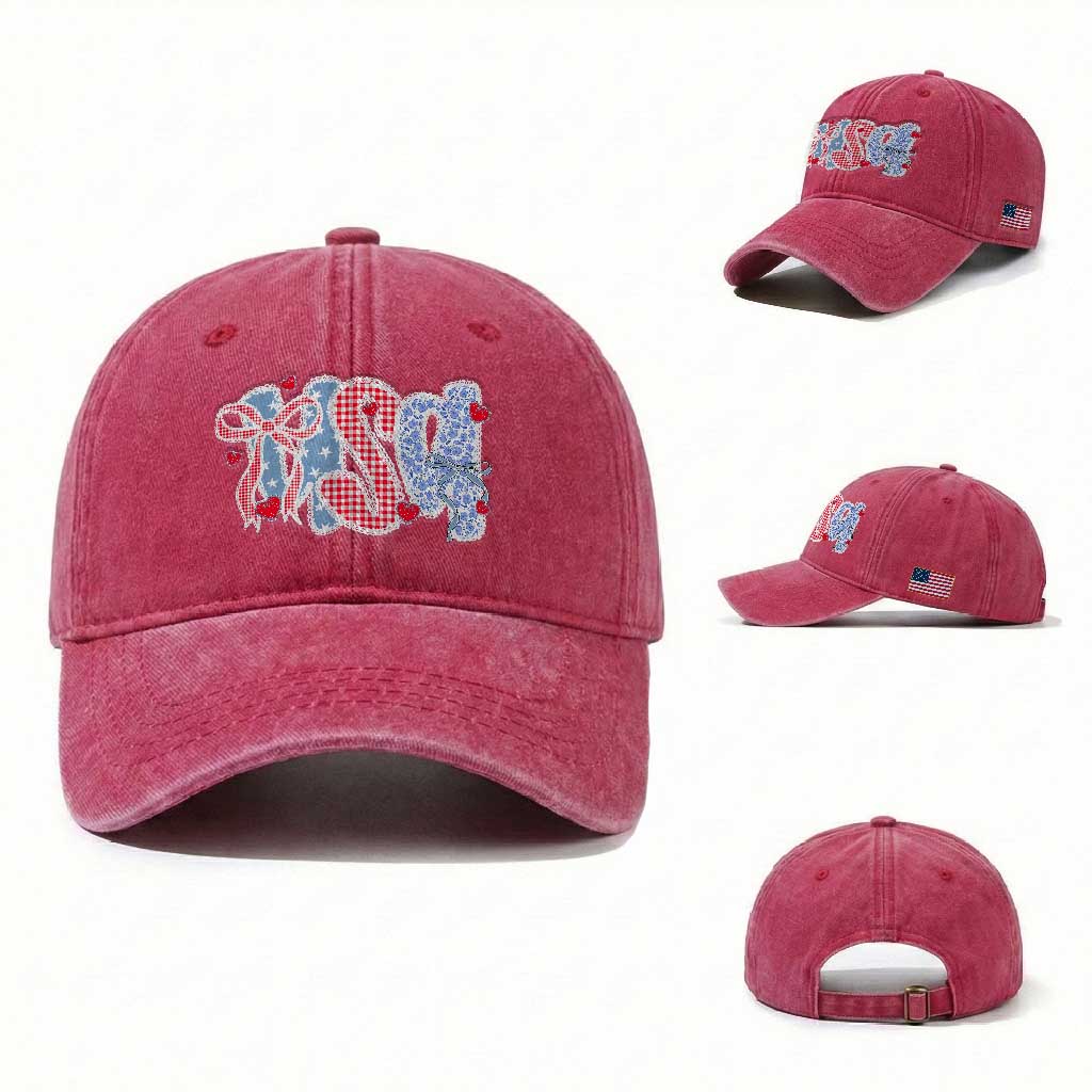 Funny USA Patriotic 4th of July Coquette Bow Washed Cotton Baseball Cap TS11