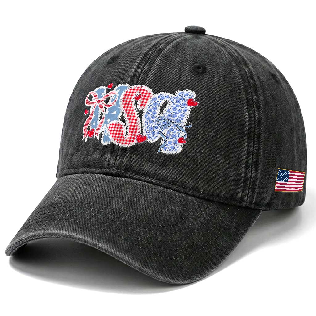 Funny USA Patriotic 4th of July Coquette Bow Washed Cotton Baseball Cap TS11