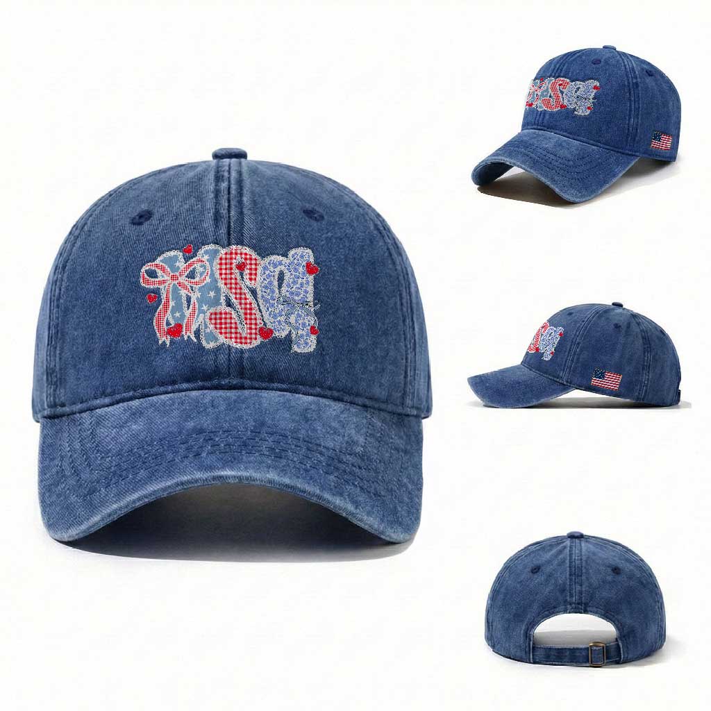Funny USA Patriotic 4th of July Coquette Bow Washed Cotton Baseball Cap TS11