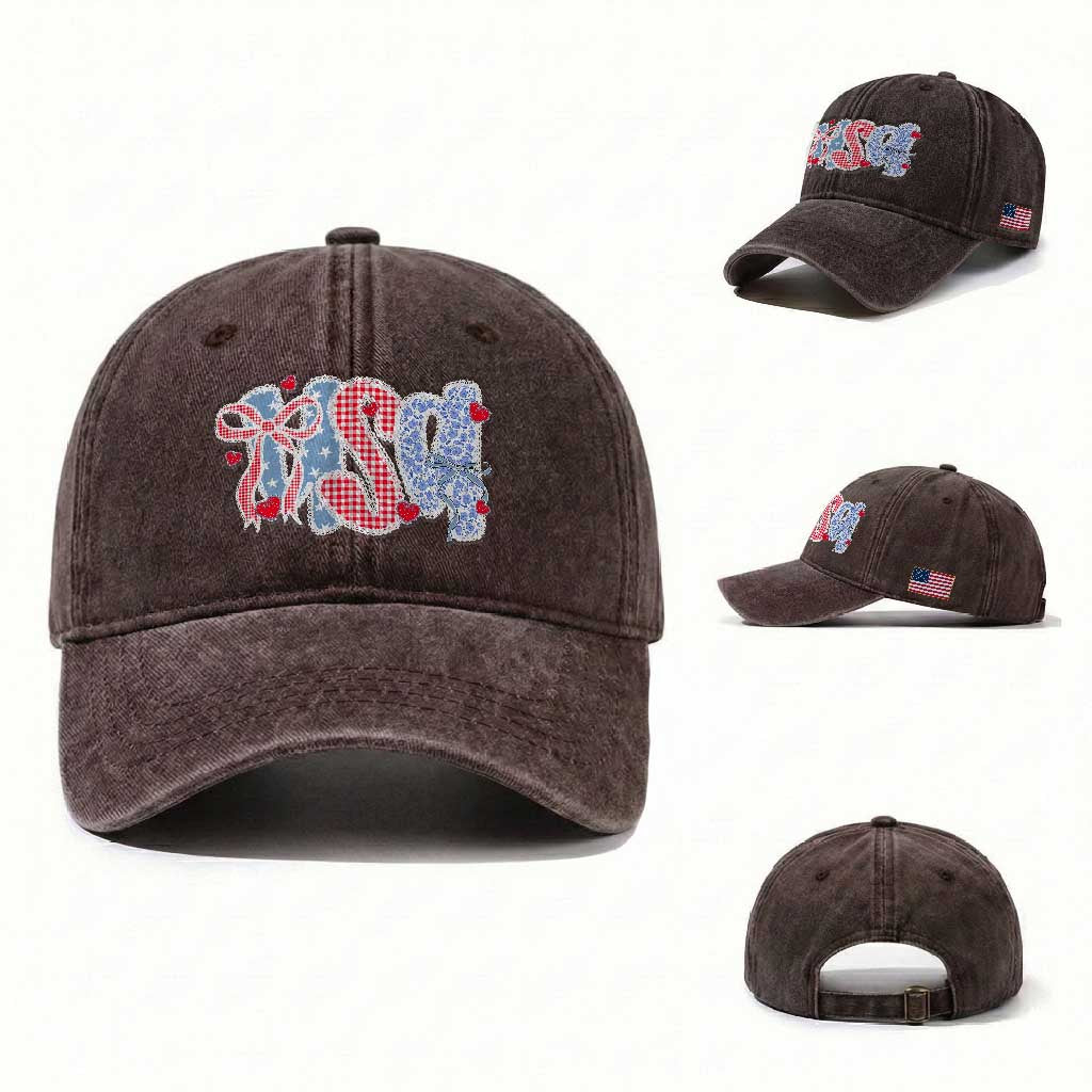 Funny USA Patriotic 4th of July Coquette Bow Washed Cotton Baseball Cap TS11