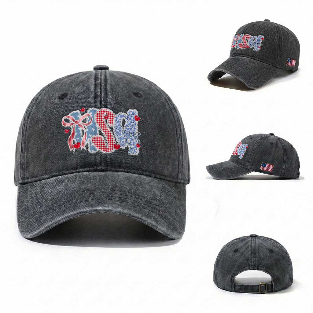 Funny USA Patriotic 4th of July Coquette Bow Washed Cotton Baseball Cap TS11