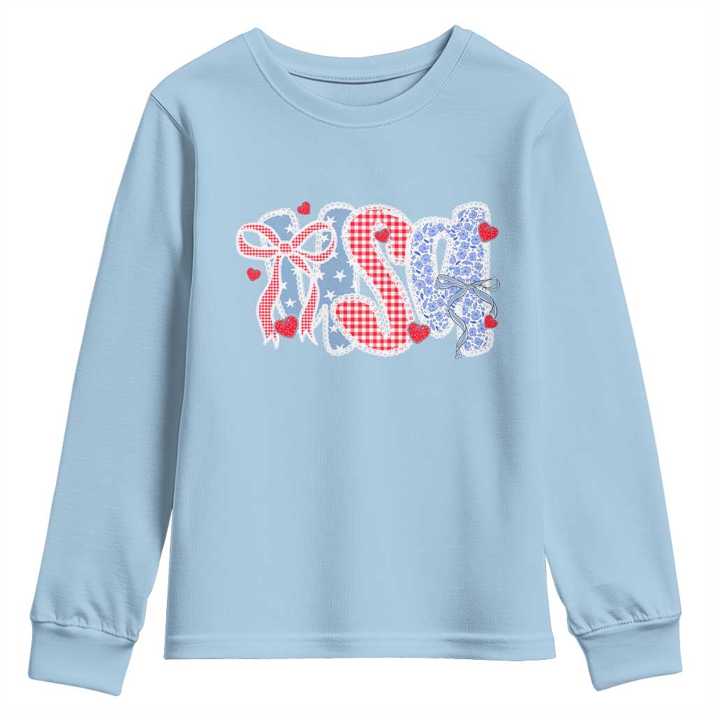 Funny USA Patriotic 4th of July Coquette Bow Youth Sweatshirt - Wonder Print Shop