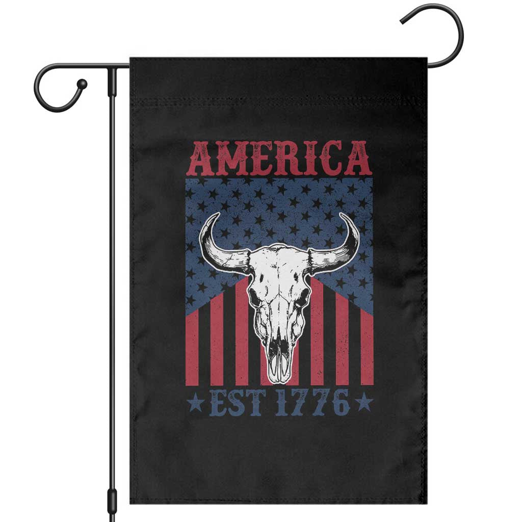 Funny 4th Of July Western Garden Flag America EST 1776 Long Horn Skull - Wonder Print Shop
