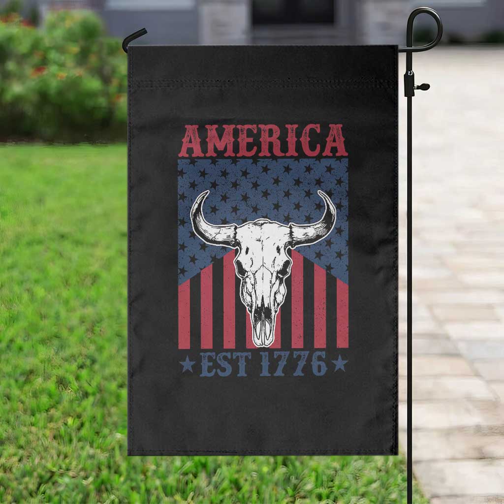 Funny 4th Of July Western Garden Flag America EST 1776 Long Horn Skull - Wonder Print Shop