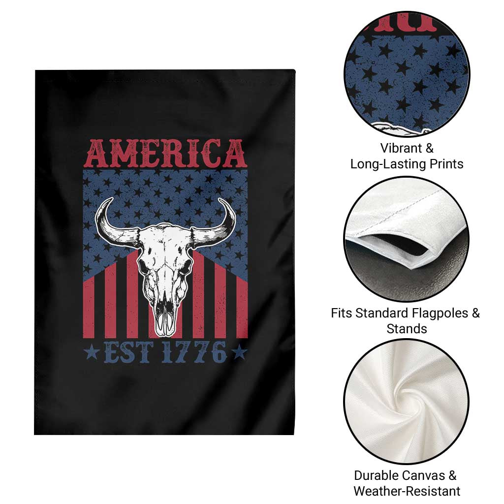 Funny 4th Of July Western Garden Flag America EST 1776 Long Horn Skull - Wonder Print Shop