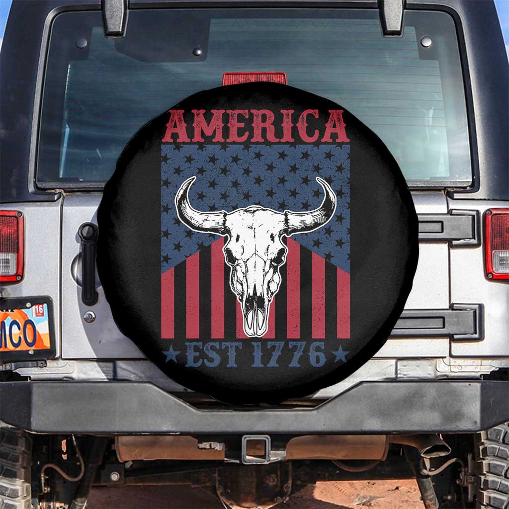 Funny 4th Of July Western Spare Tire Cover America EST 1776 Long Horn Skull - Wonder Print Shop