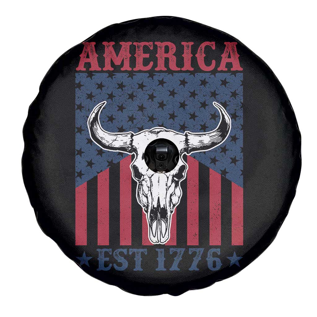Funny 4th Of July Western Spare Tire Cover America EST 1776 Long Horn Skull - Wonder Print Shop