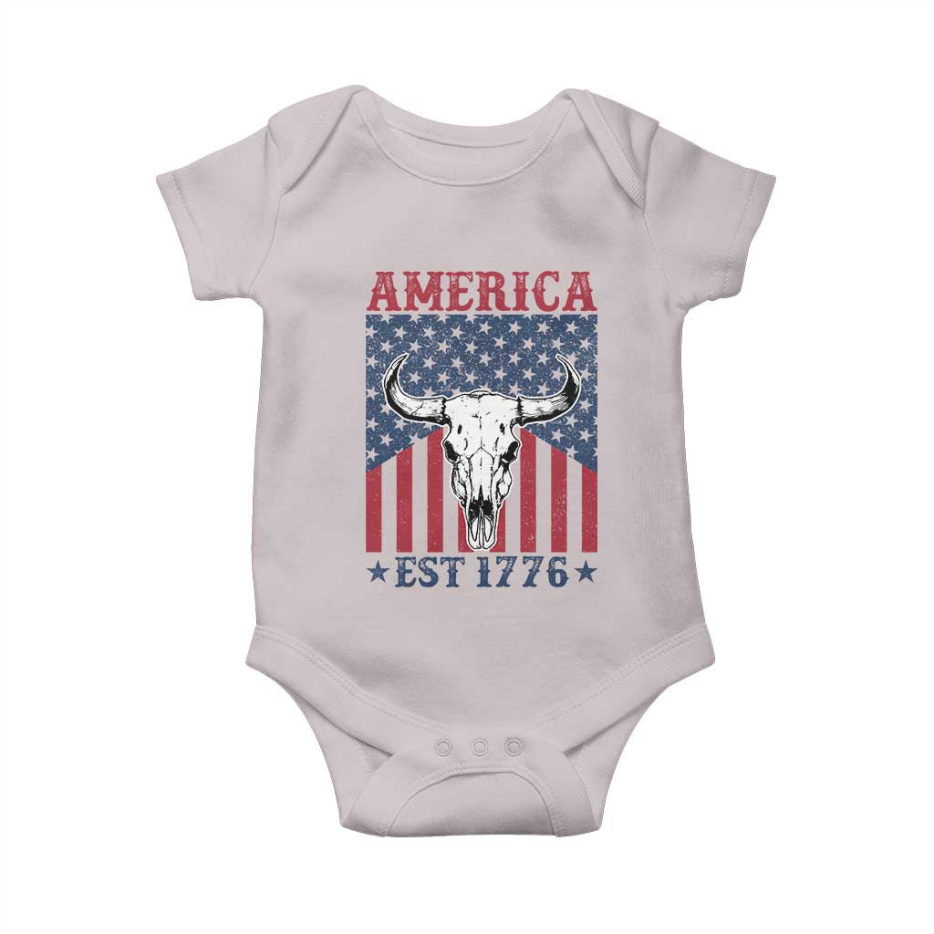 Funny 4th Of July Western Baby Onesie America EST 1776 Long Horn Skull - Wonder Print Shop