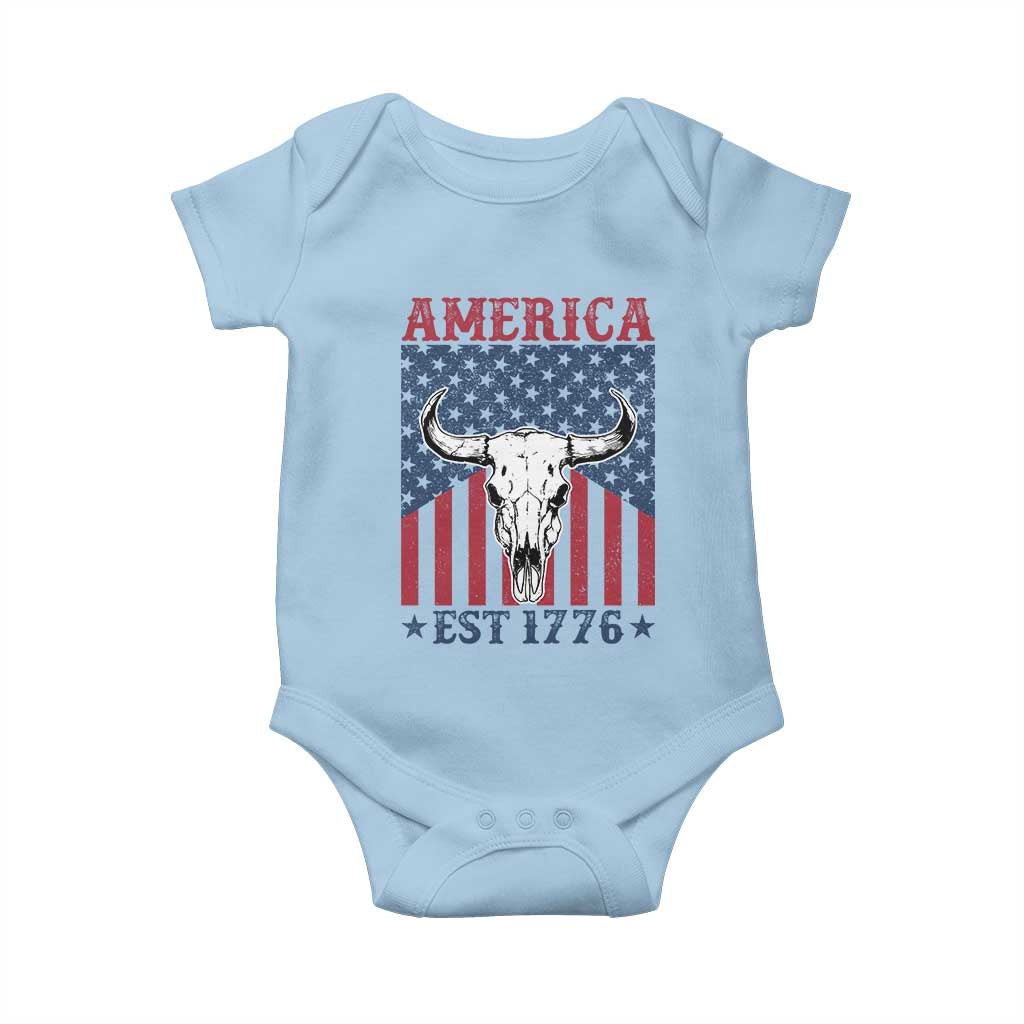 Funny 4th Of July Western Baby Onesie America EST 1776 Long Horn Skull - Wonder Print Shop