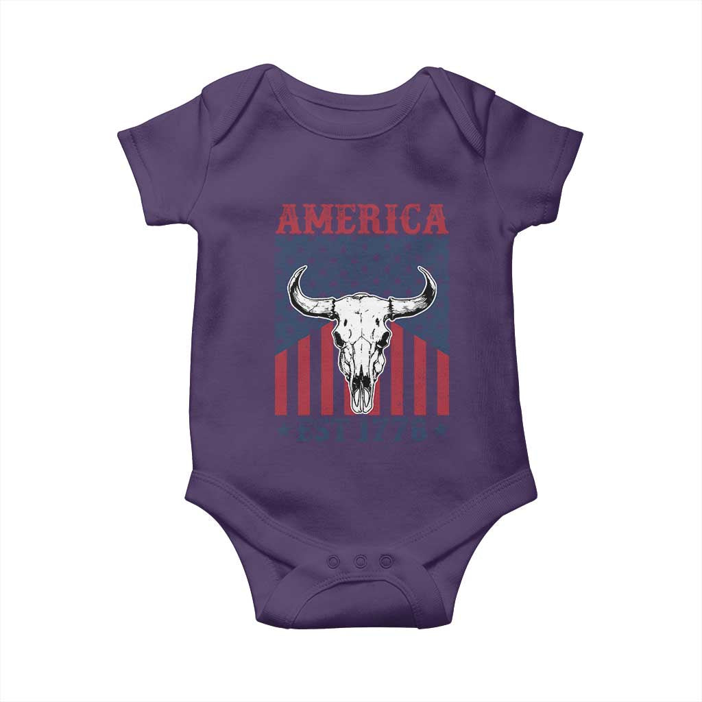 Funny 4th Of July Western Baby Onesie America EST 1776 Long Horn Skull - Wonder Print Shop