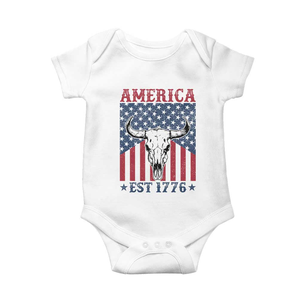 Funny 4th Of July Western Baby Onesie America EST 1776 Long Horn Skull - Wonder Print Shop