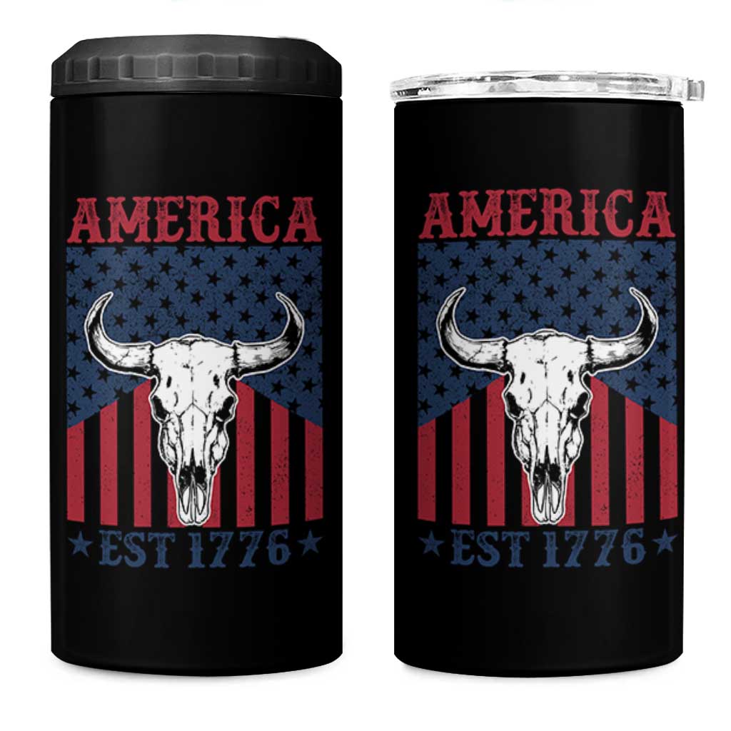 Funny 4th Of July Western 4 in 1 Can Cooler Tumbler America EST 1776 Long Horn Skull - Wonder Print Shop