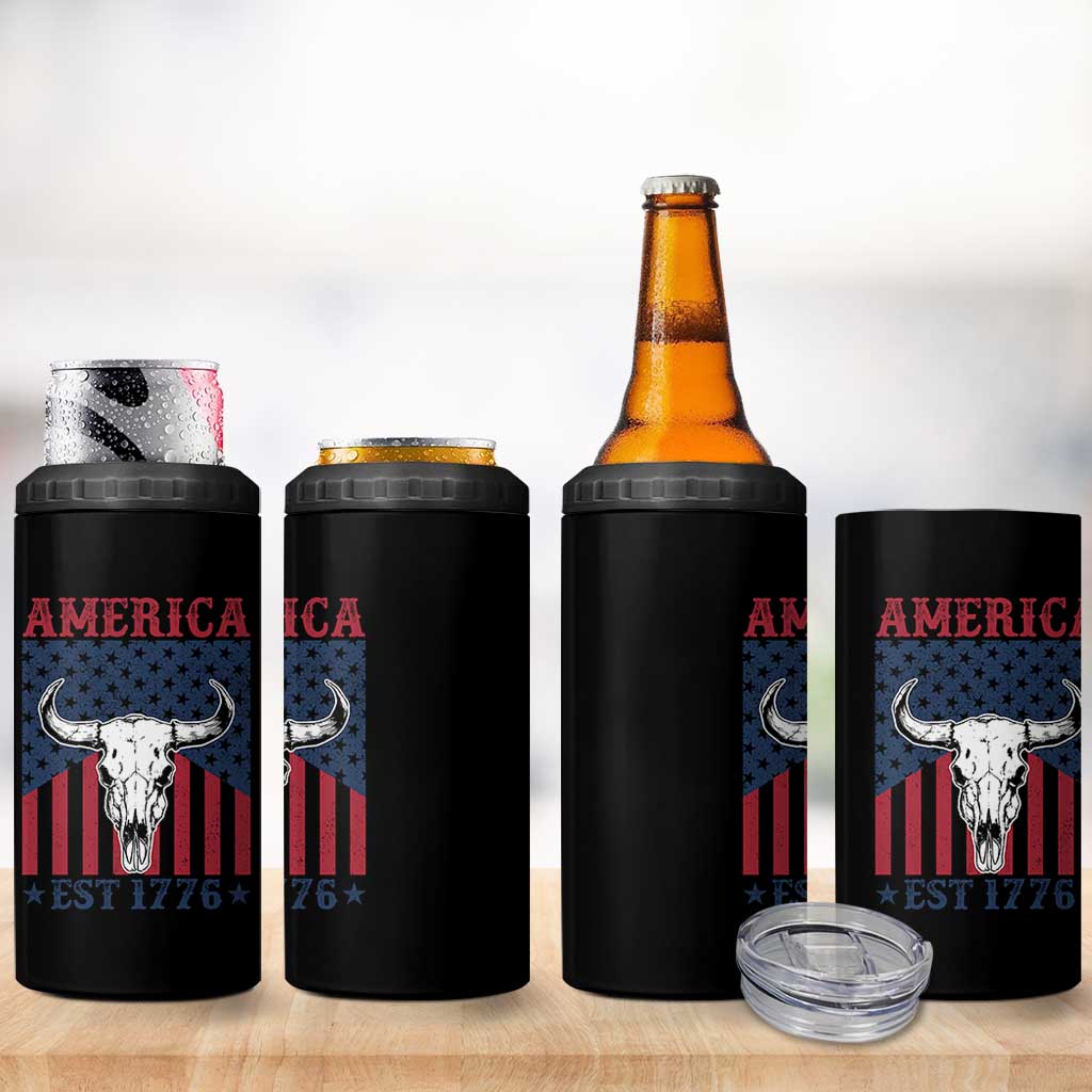 Funny 4th Of July Western 4 in 1 Can Cooler Tumbler America EST 1776 Long Horn Skull - Wonder Print Shop