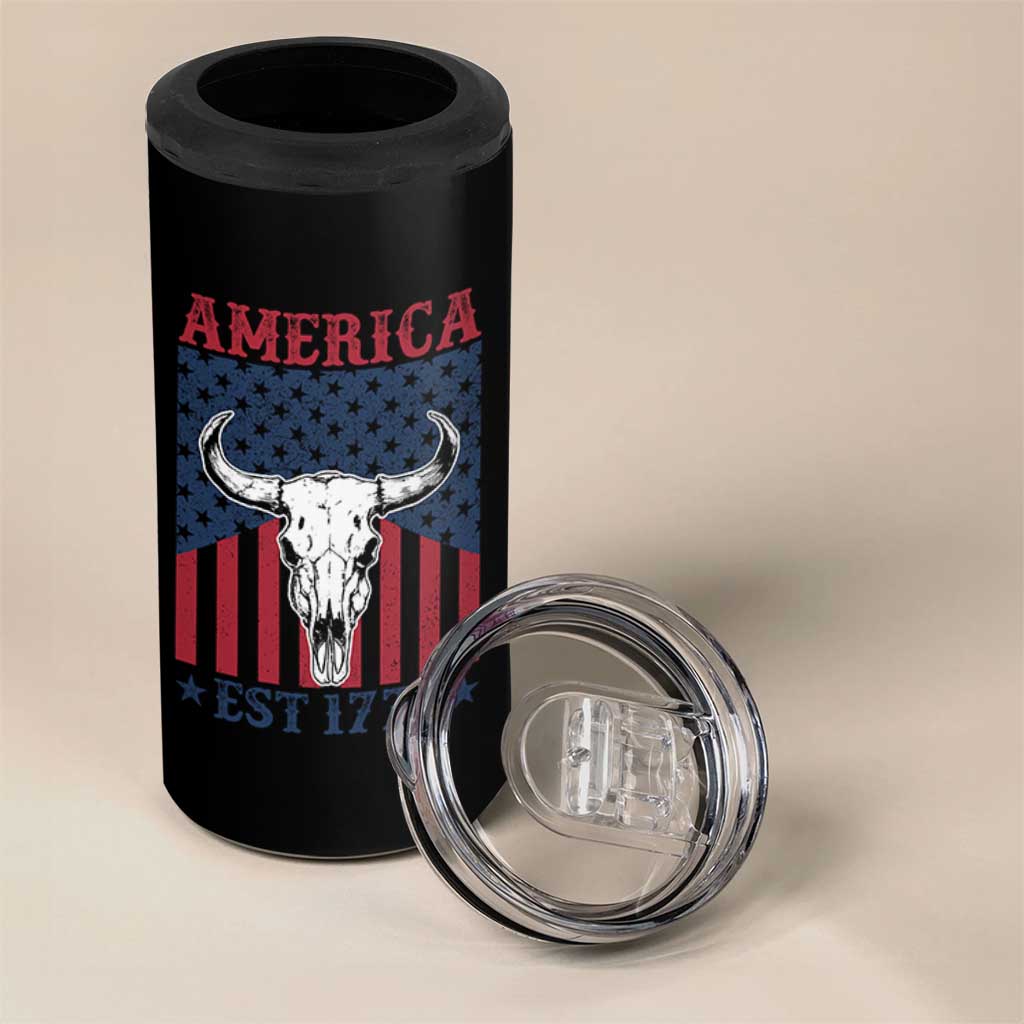 Funny 4th Of July Western 4 in 1 Can Cooler Tumbler America EST 1776 Long Horn Skull - Wonder Print Shop