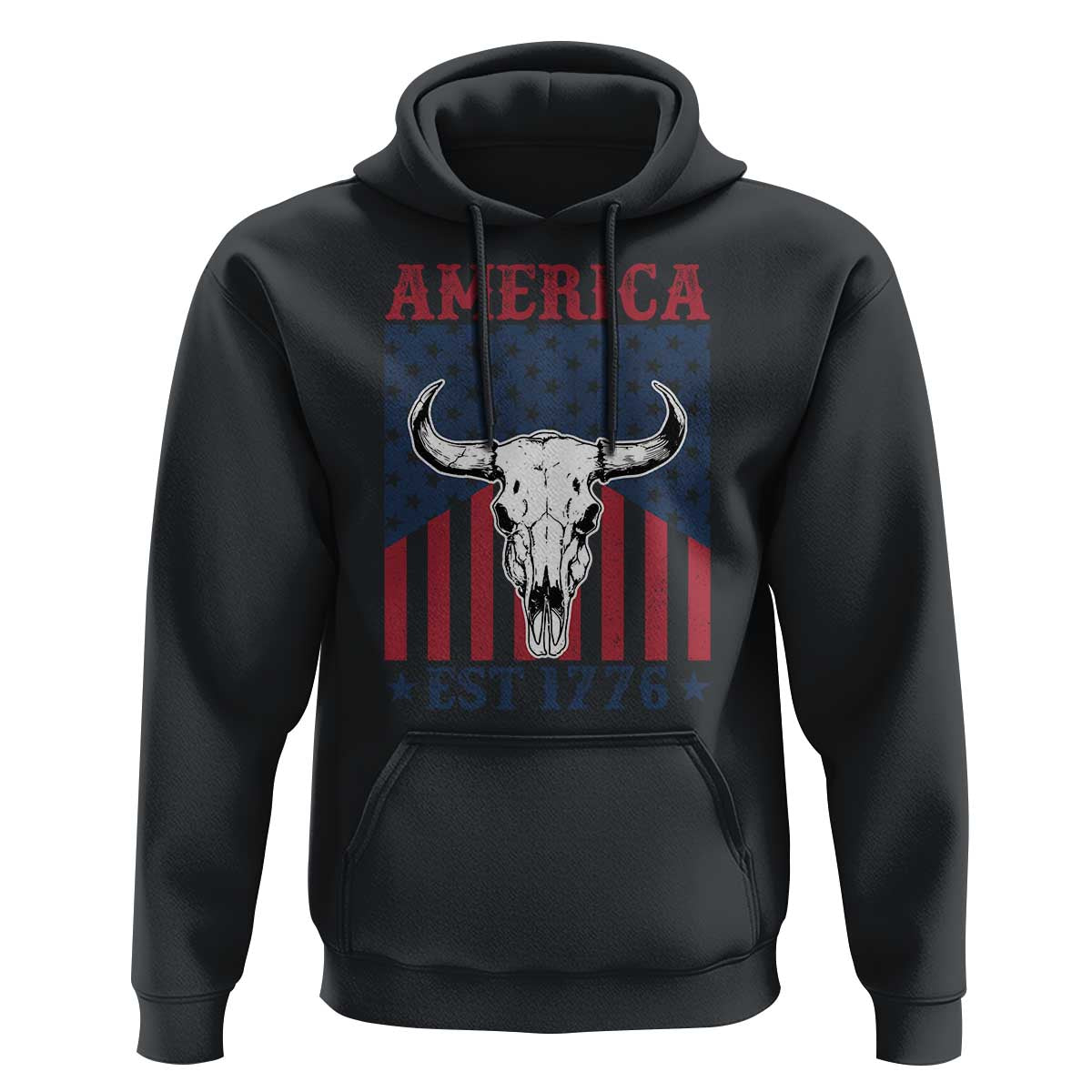 Funny 4th Of July Western Hoodie America EST 1776 Long Horn Skull - Wonder Print Shop