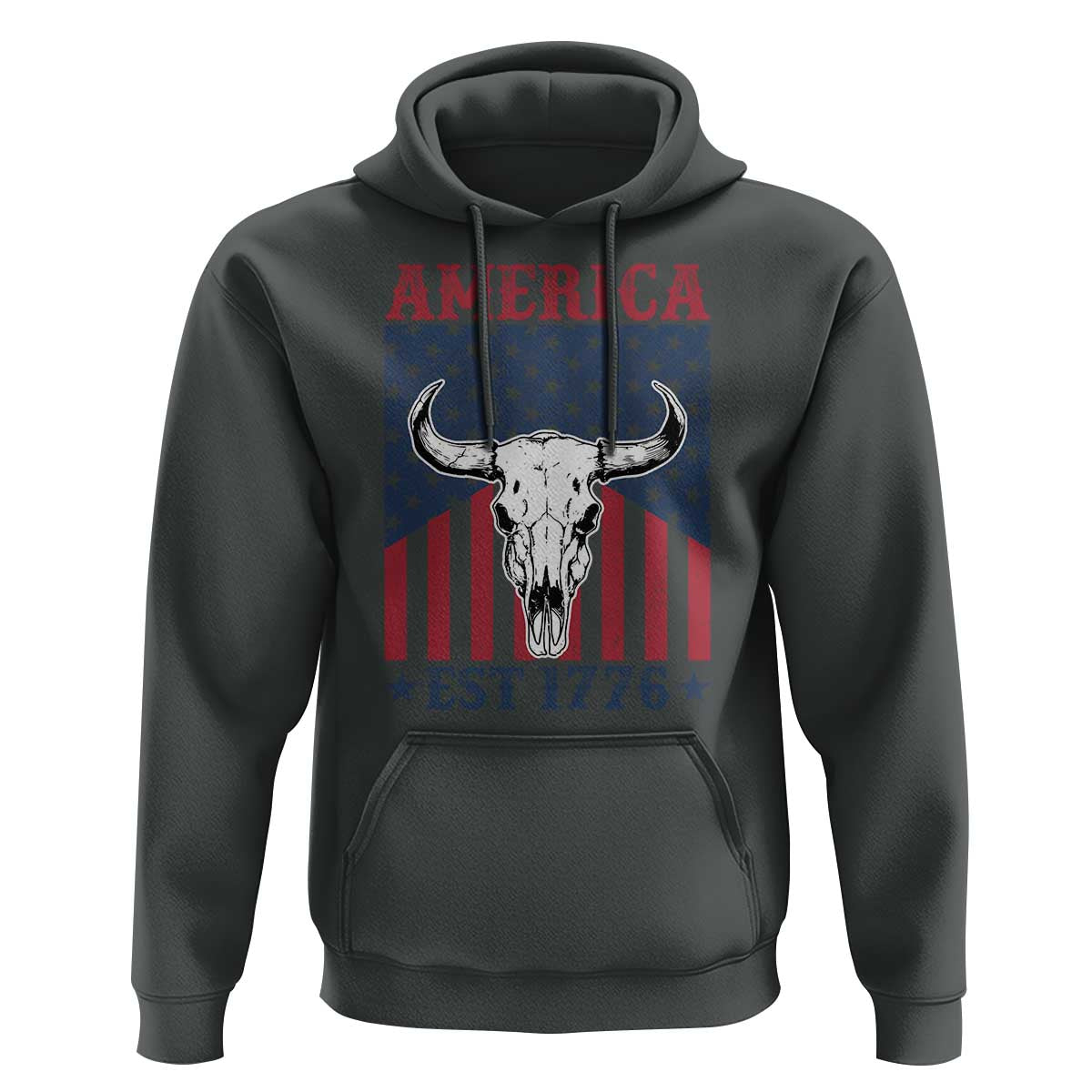 Funny 4th Of July Western Hoodie America EST 1776 Long Horn Skull - Wonder Print Shop