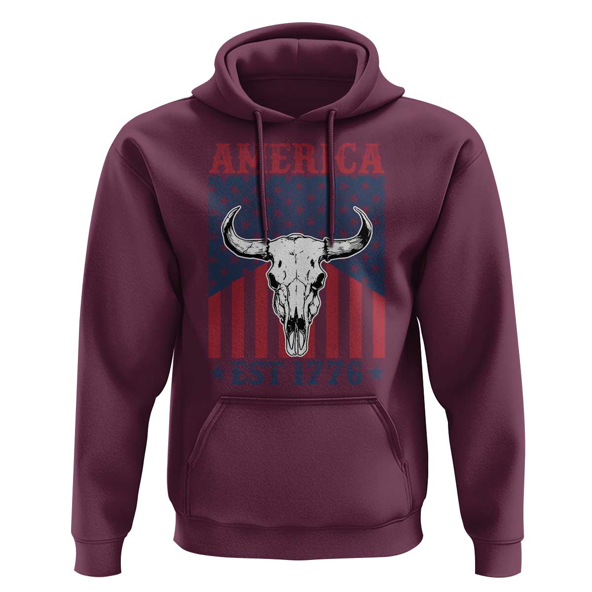 Funny 4th Of July Western Hoodie America EST 1776 Long Horn Skull - Wonder Print Shop