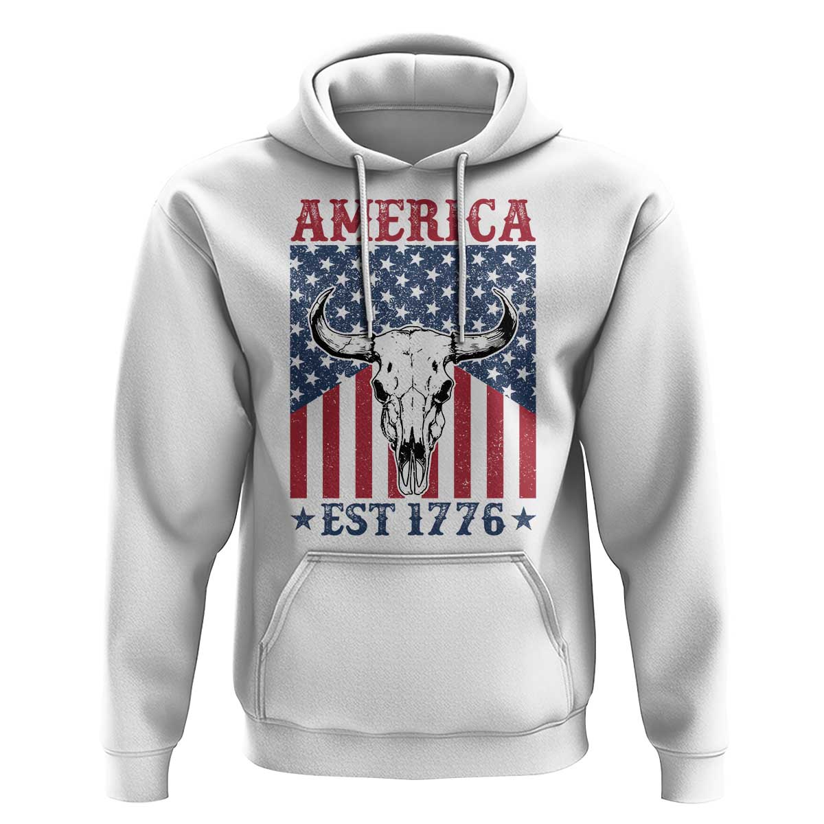 Funny 4th Of July Western Hoodie America EST 1776 Long Horn Skull - Wonder Print Shop