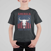 Funny 4th Of July Western T Shirt For Kid America EST 1776 Long Horn Skull - Wonder Print Shop