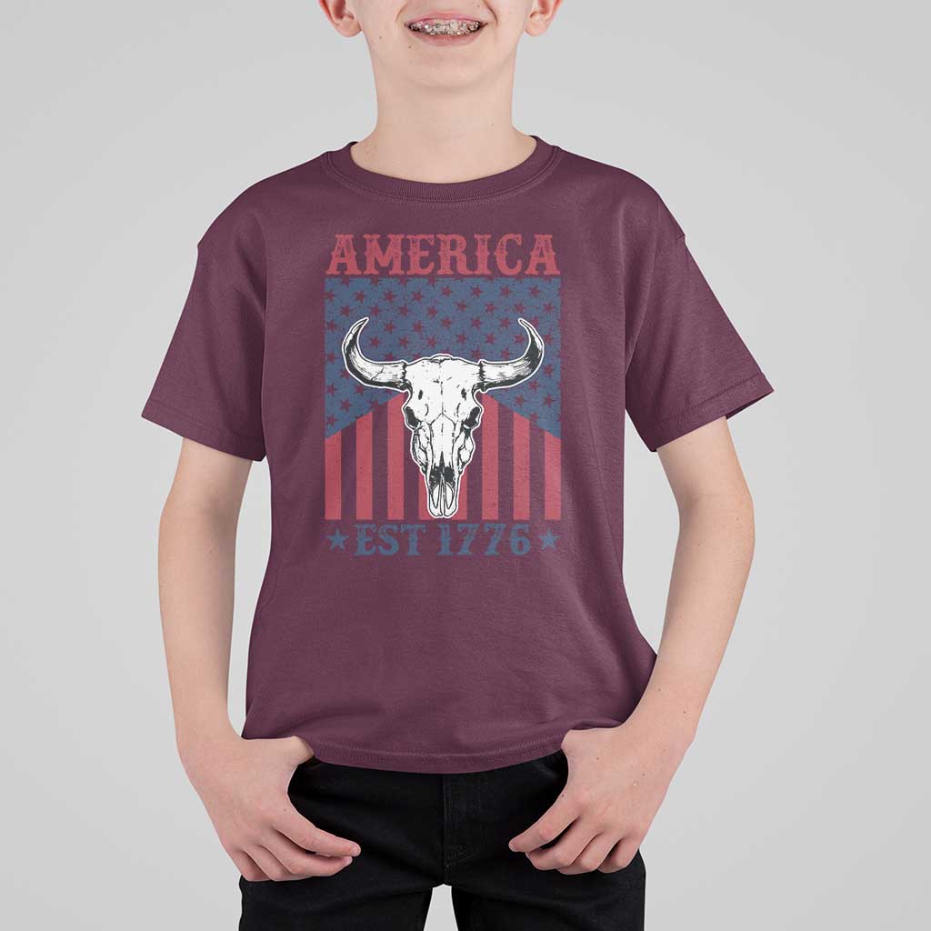 Funny 4th Of July Western T Shirt For Kid America EST 1776 Long Horn Skull - Wonder Print Shop